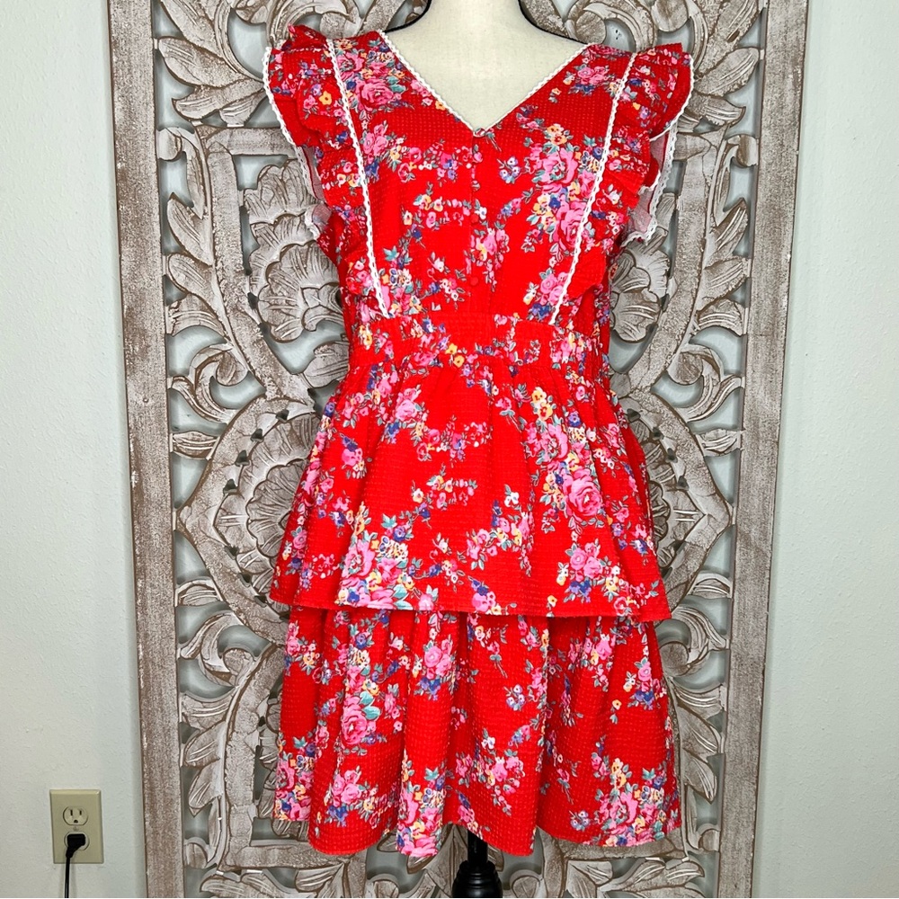 NWT Betsey Johnson Red Sleeveless V-Neck Ruffle Tiered Sundress Sz XL - Picture 3 of 6